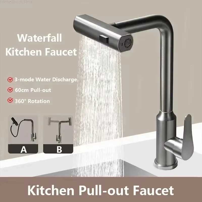 Black/Gray/Silver Pl-Out Kitchen Faucet Three Water Stream Sprayer Stainless Steel Hot and Cold Water Mixing Faucet Countertop Y251104