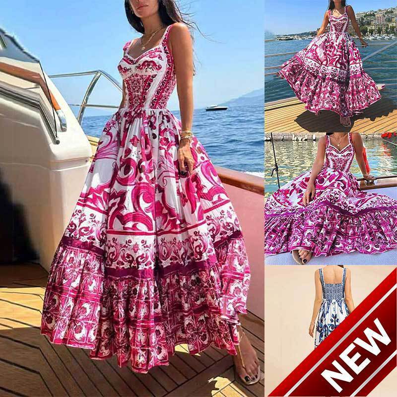 Womens 2025 Spring/Summer New Bohemian Style Oversized Sleeveless Wide Strap Bag Chest High Waist Dress