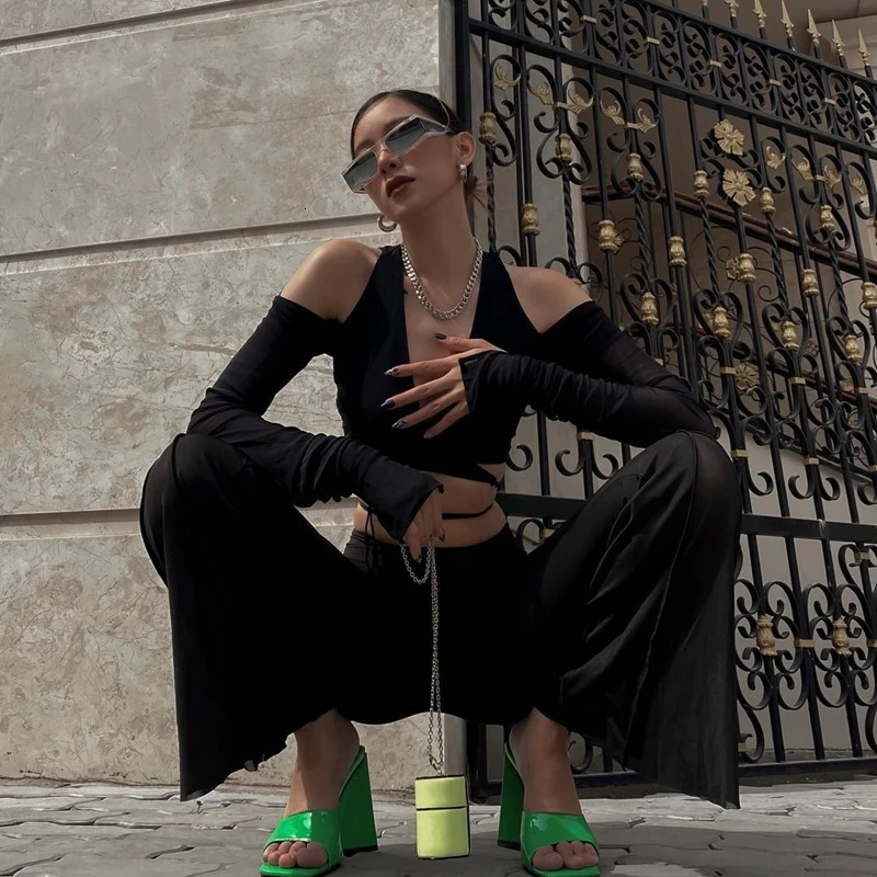 Candy Gothic Mesh Sheer Crop Tops Sexy Deep V-neck Off Shoulder T Shirt Y2K Long Sleeve Streetwear Crossing Bandage Tees 250401
