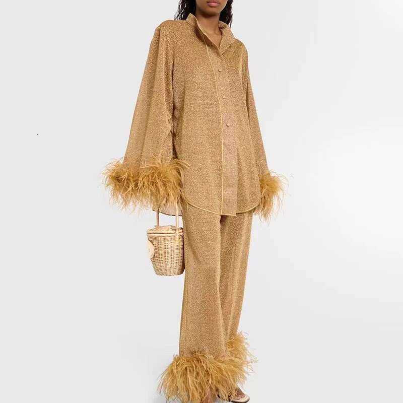 New Autumn Fashion Feather Patchwork Party Set Women's Stand Collar Long Sleeved Top And Pants Suit Elegant Button Solid Outfits