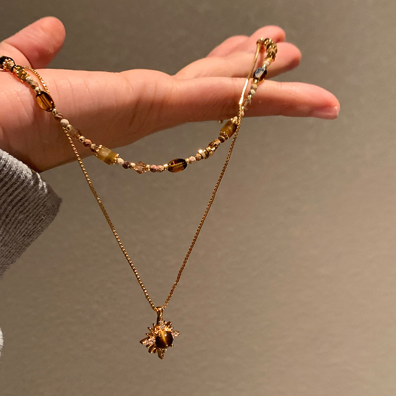18K Real Gold Plated Tiger Eye Stone Pendant Necklace Melad Versatile Elegant Collarbone Chain Light Luxury Niche Jewelry for Women - view 3