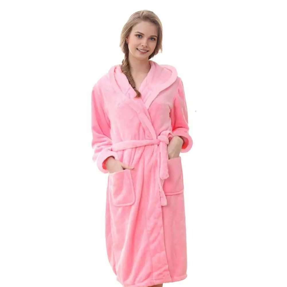 Lounge Couple Robe Winter Nightgown Thick Fleece Warm Lace Up Adjustable Waistband Hooded Homewear Bathrobe C251104