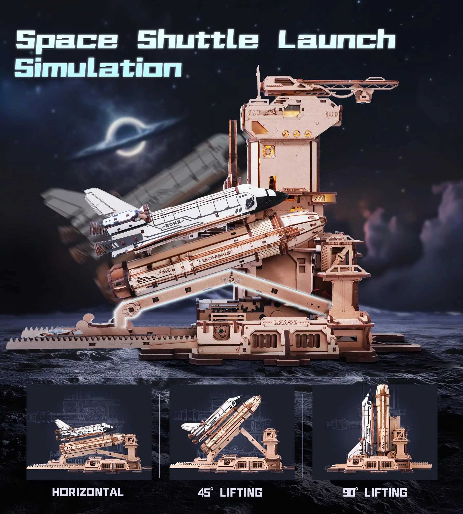ROKR Space Shuttle 3D Wooden Puzzle Moving Rocket Launch Tower with Lights Mechanical Building Set STEM Project for Adults Teens C251104