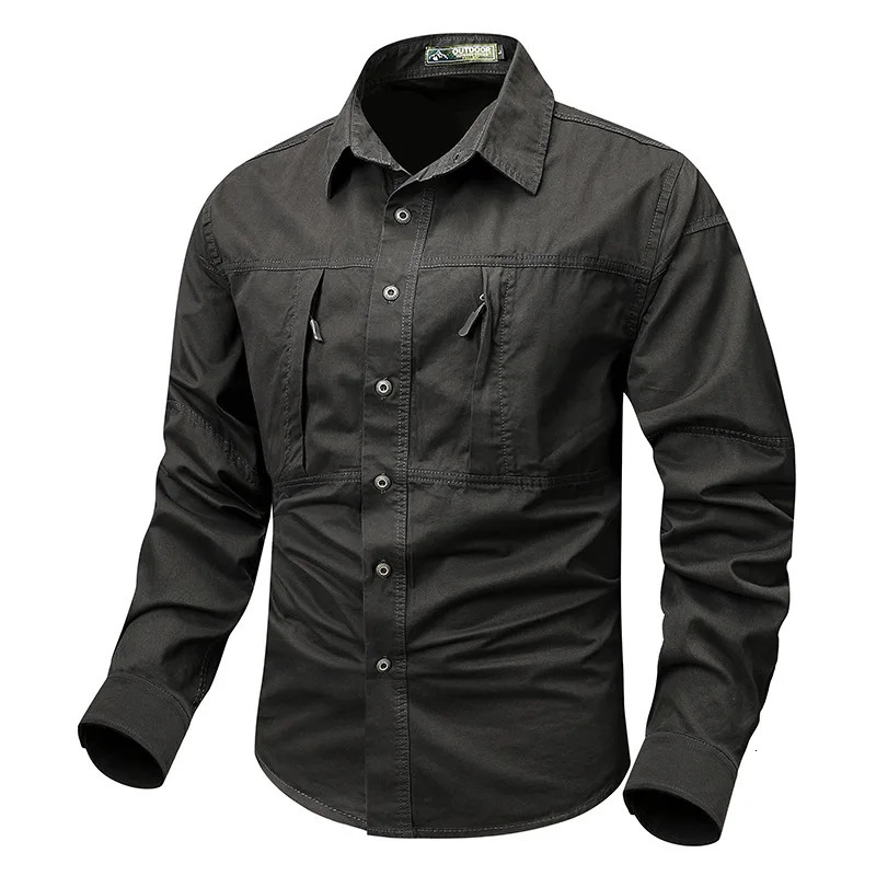Retro workwear mens long sleeved shirt pocket n casual button up suitable for outdoor spring and autumn 250403e