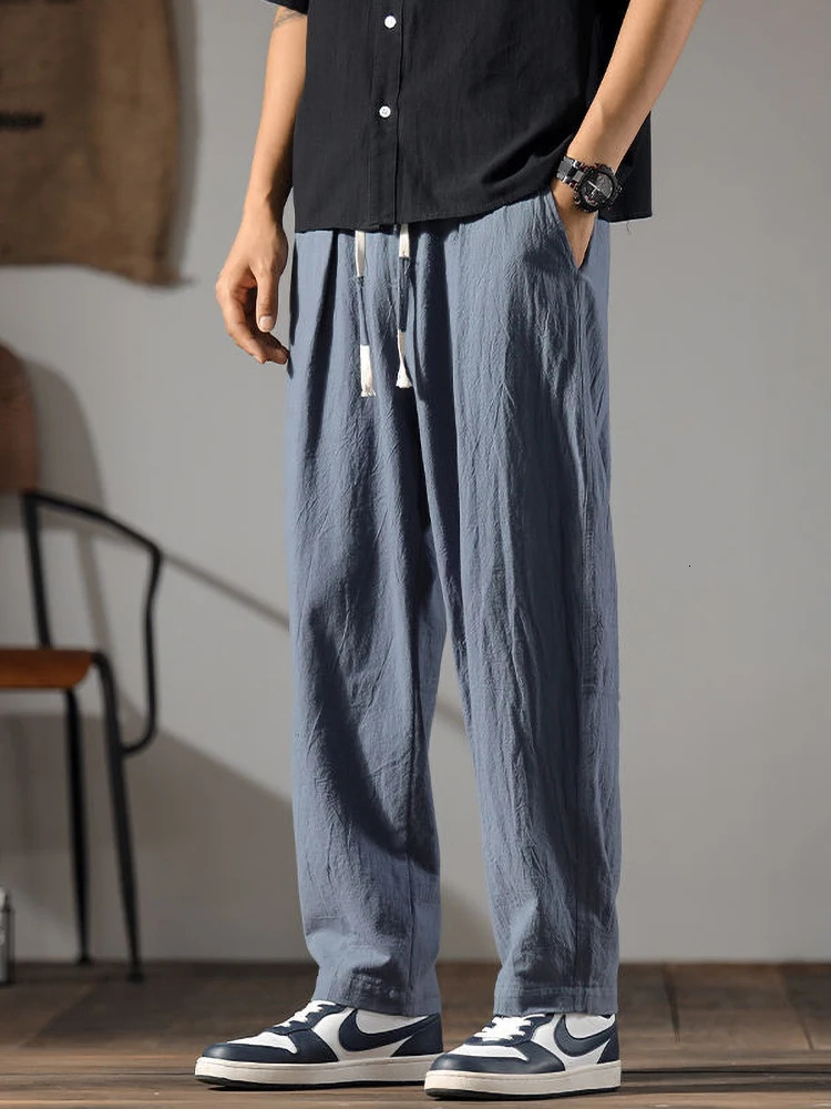 Japenese Cotton Linen Pants Men Summer Straight Casual Ice Silk Sweatpants Male Wide leg Oversize Linen Trousers 250402