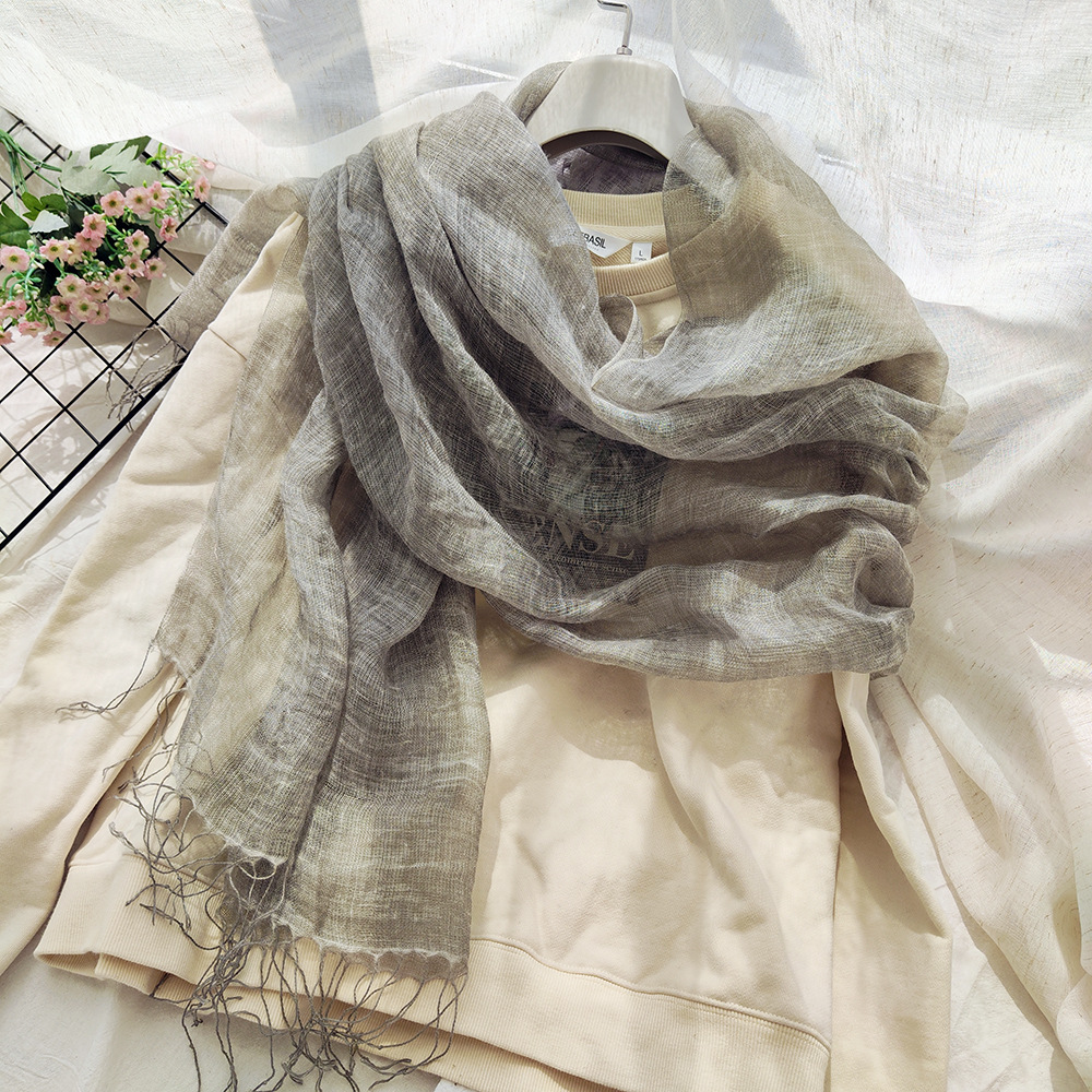 K303 Cross-border customized dirty dyed linen scarf, distressed retro ladies summer thin literary tassel sunscreen shawl