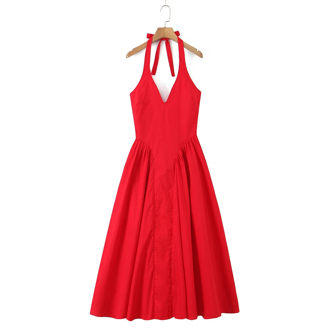 New 2025 Spring/Summer Collection Hanging Neck Splicing Solid Color Strap Dress for Slimming
