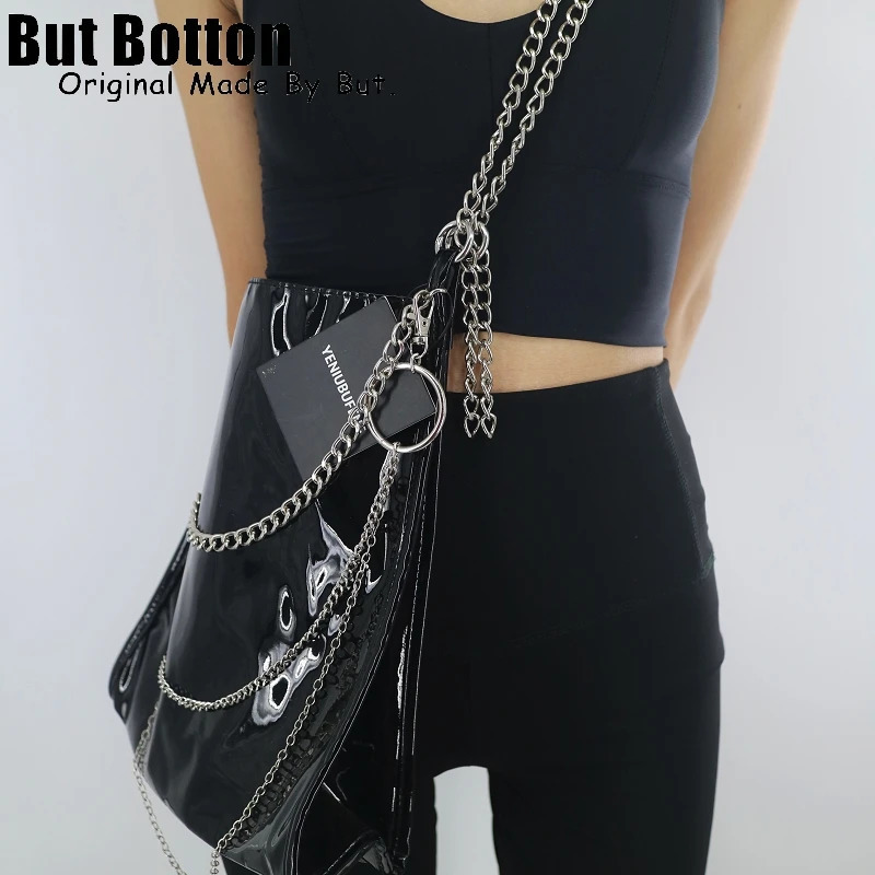 Gothic womens Y2K womens patented leather shoulder bag handbag Harajuku womens metal punk chain cross body bag beer capacity handbag 250402
