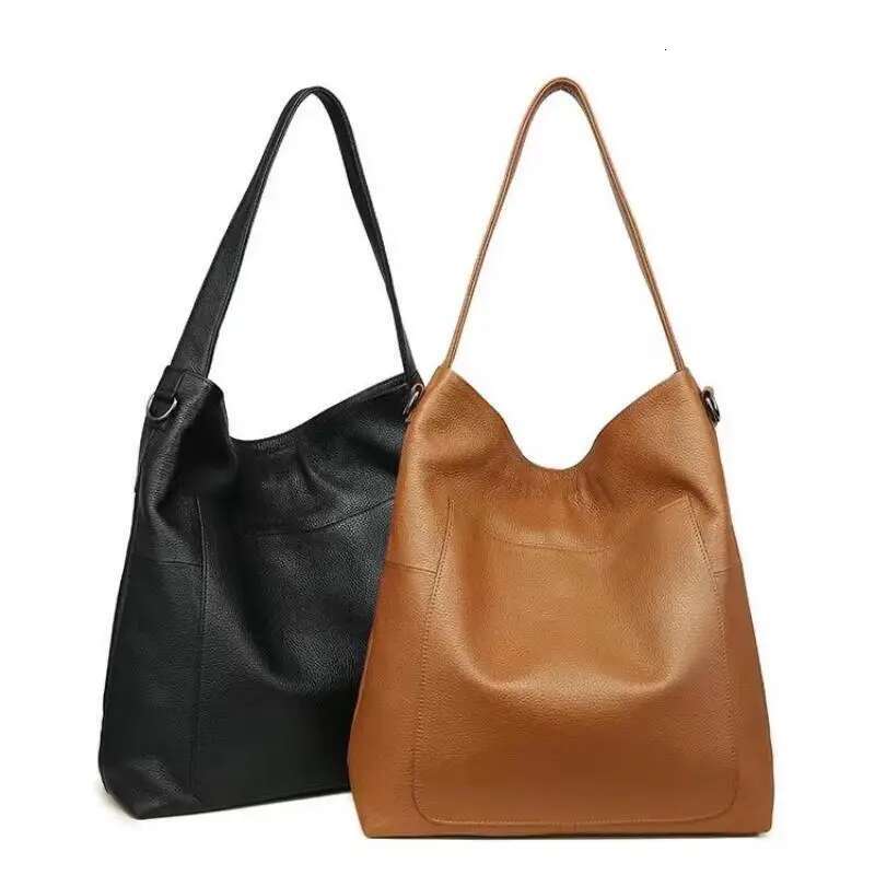 Genuine Women's Large Capacity First Layer Cow Leather Soft Shoulder Bag, Multi-Layer Pocket Crossbody Shopping Bag