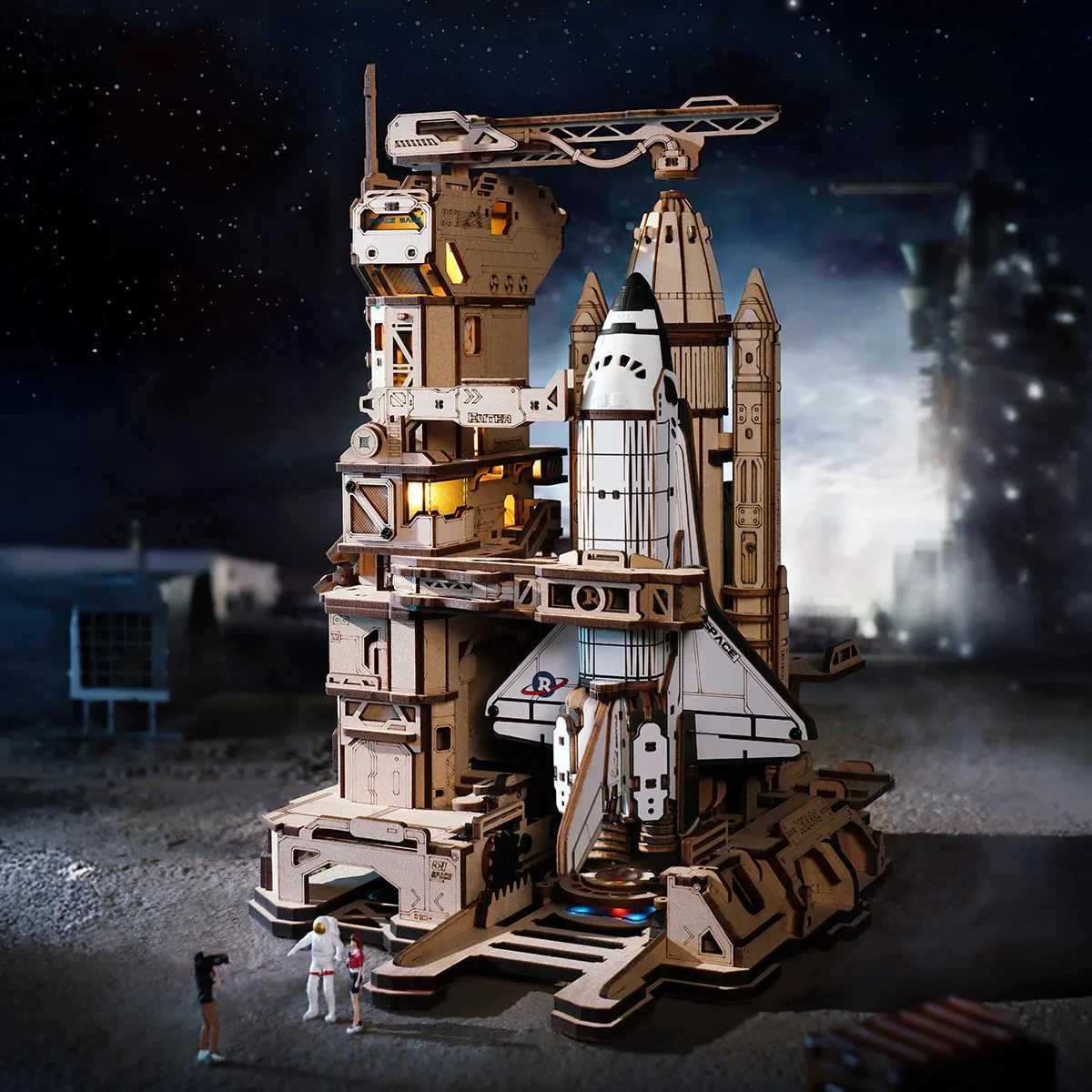 ROKR Space Shuttle 3D Wooden Puzzle Moving Rocket Launch Tower with Lights Mechanical Building Set STEM Project for Adults Teens C251104