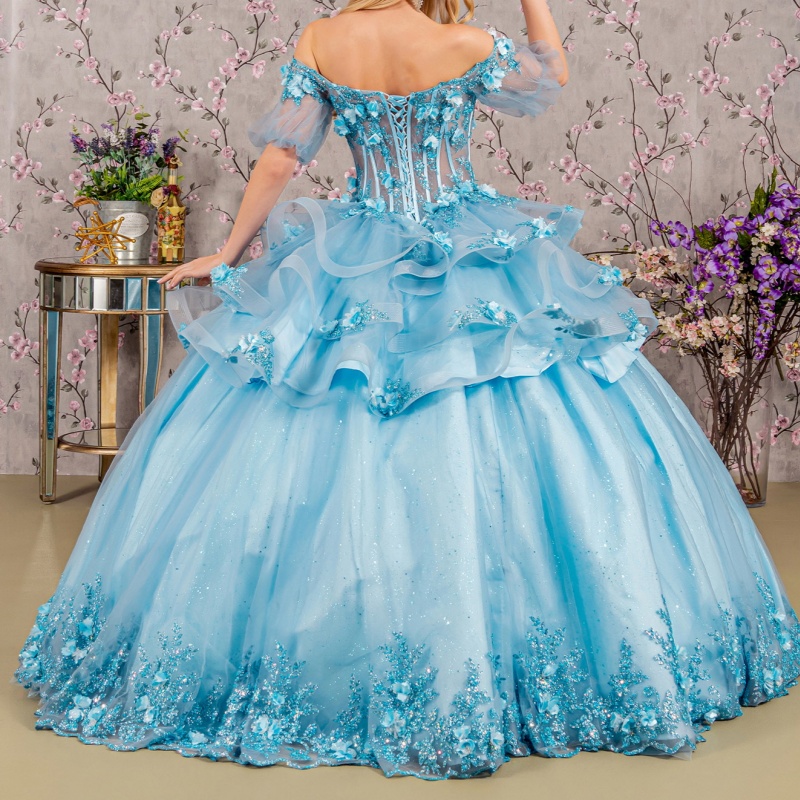 Sky Blue Shiny Princess Quinceanera Dresses Sequin Appliqued Flower Beading Crystal Tull Sweet 16 Dress Ball Gown Vestidos 15 Anos