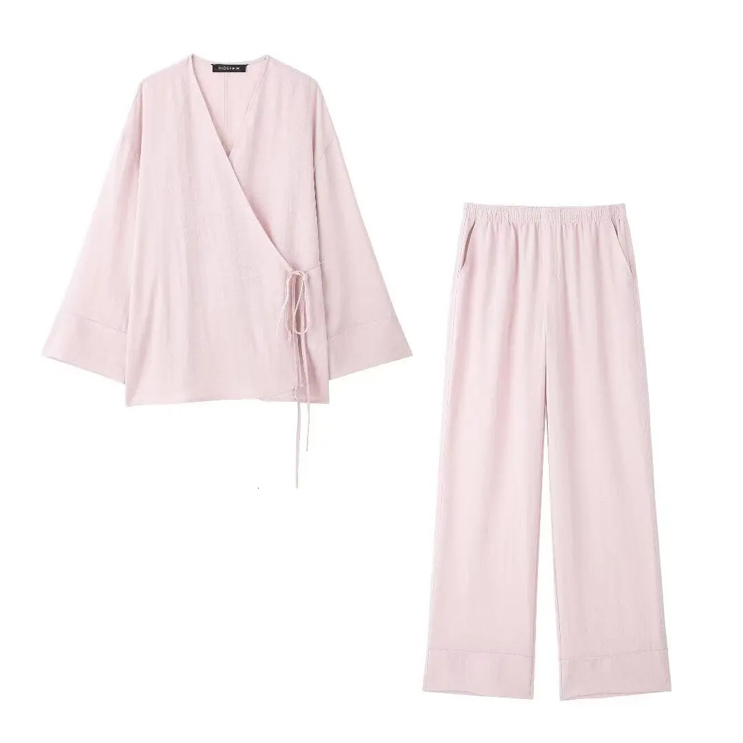 TRAF Linen Kimono Shirt Womens Solid Color Tie Shirt Casual Straight Trouser Set Fashion Cut Shirt Womens and Family Clothing 250401