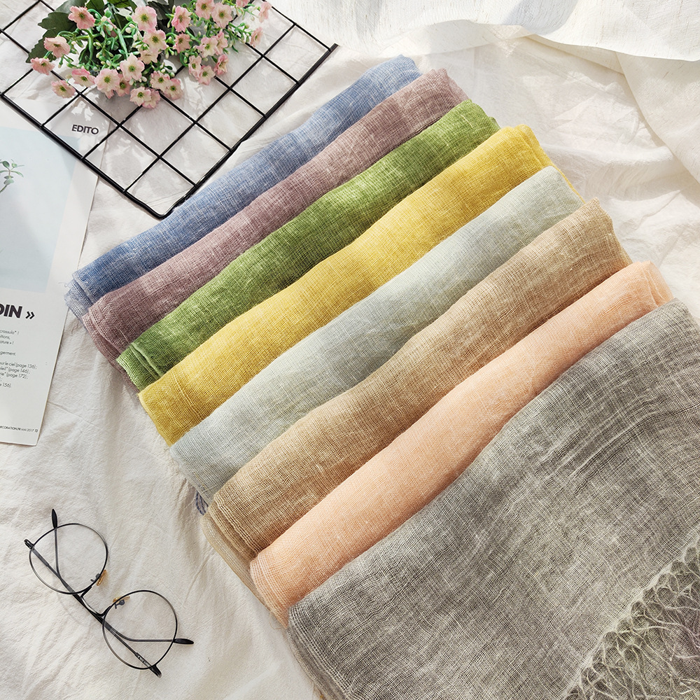 K303 Cross-border customized dirty dyed linen scarf, distressed retro ladies summer thin literary tassel sunscreen shawl