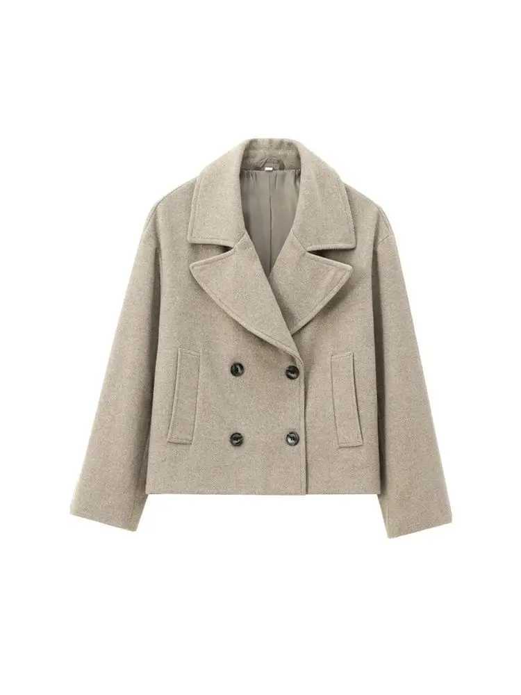 Womens Short DoubleBreasted Woolen Coat Lapel Collar Long Sleeve Female Outerwear Chic Tops Fashion J251103