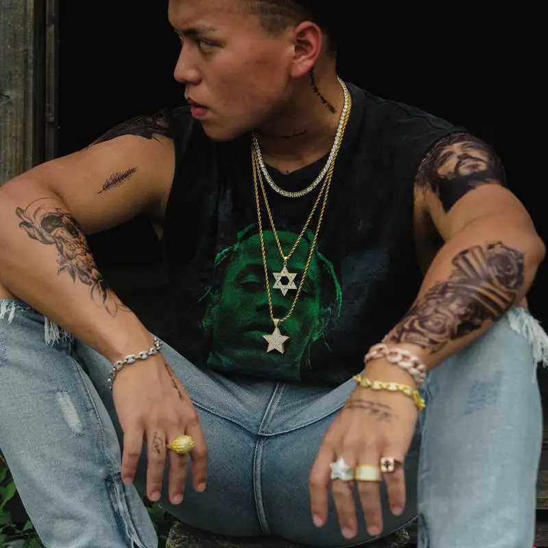 Hip Hop Men Gold Color Plated Jewelry Micro Pave Iced Out Cz Stone Star of David Pendant Hexagram Israel Judaism NecklacesXJ251104