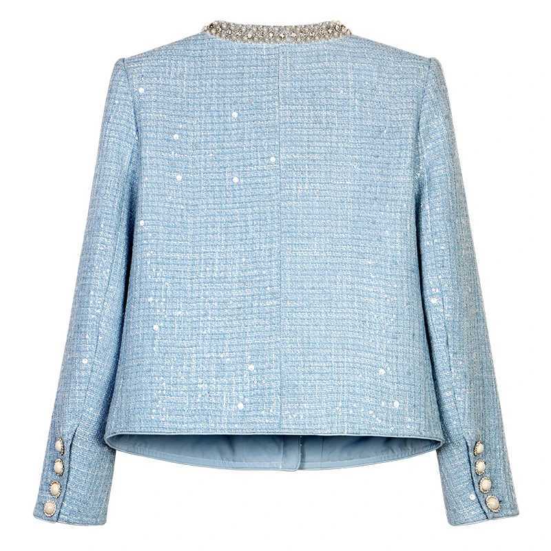 New fashion Glacier Blue woven wool heavy industry nail bead sequins celebrity temperament small fragrance style jacket J251103