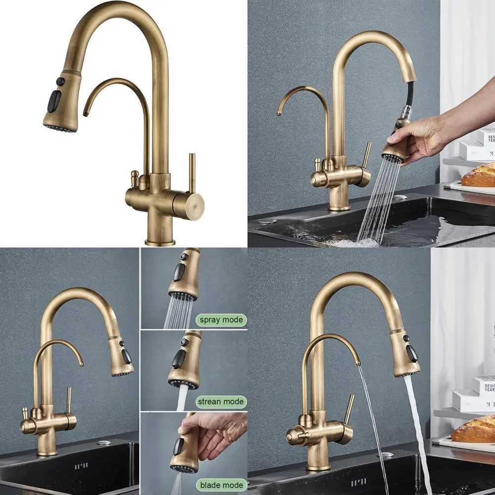 Vintage Brass Pl-Down Kitchen Faucet with Swivel Spout and Triple Function Spray Y251104