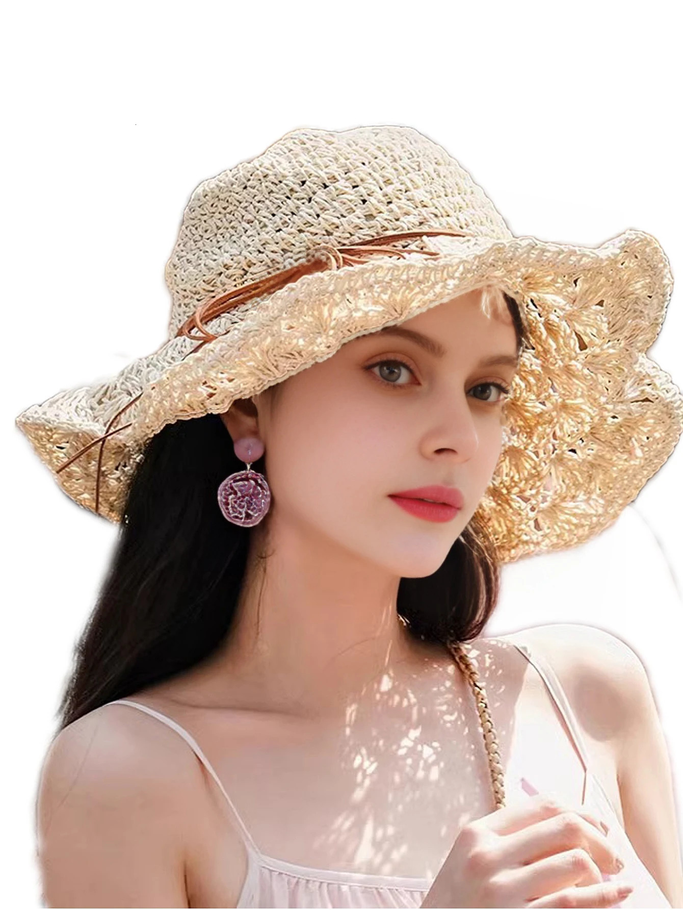 Women Summers Straw Hat Handmade Fashion Bowknot Foldable Sunscreen Panama Wide Brim Outdoor UV Sun Portect Beach Cap Girl 250326