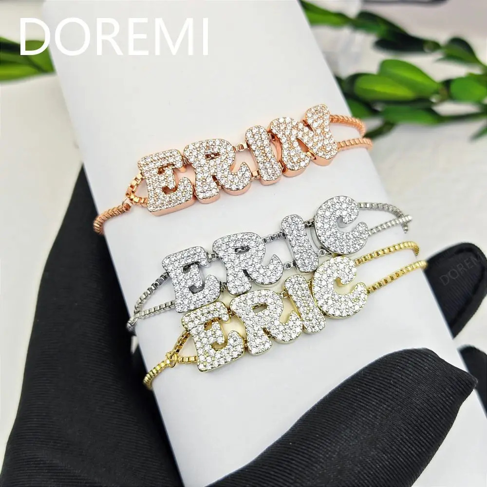 DOREMI Gold Inlaid Zircon Brass Letter Name Womens Bracelet Bubble Letters Crystal Name Bracelets DIY Slide Bead Name Bracelet 250327