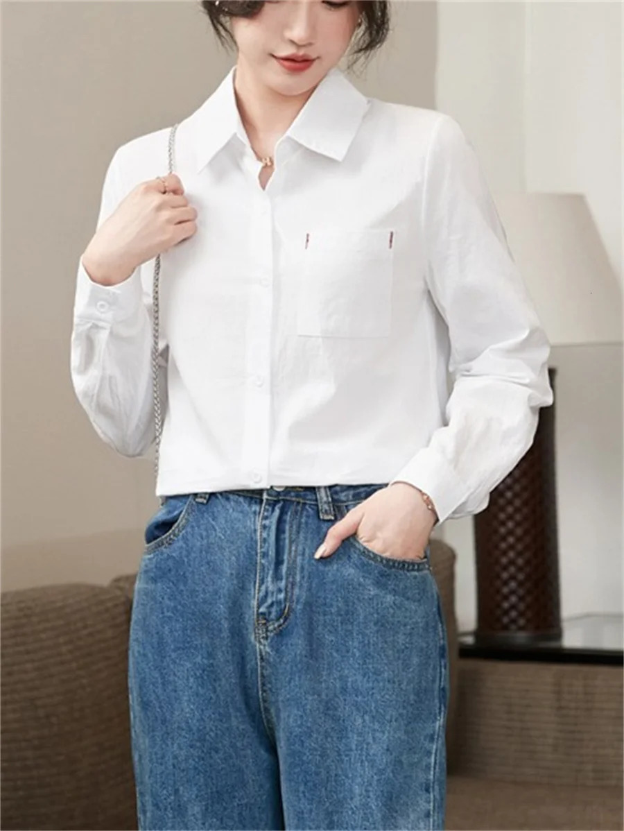 Women Spring Autumn Style Cotton and linen Blouses Shirts Lady Casual Long Sleeve Turn-down Collar White Blouses Tops DF4894 250403