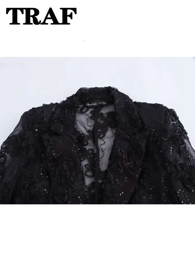 TRAF Elegant Sets Solid Color Sequin Decorative Semi Transparent Pants Wer Texture Blazer Top Set For Women 2 Piece