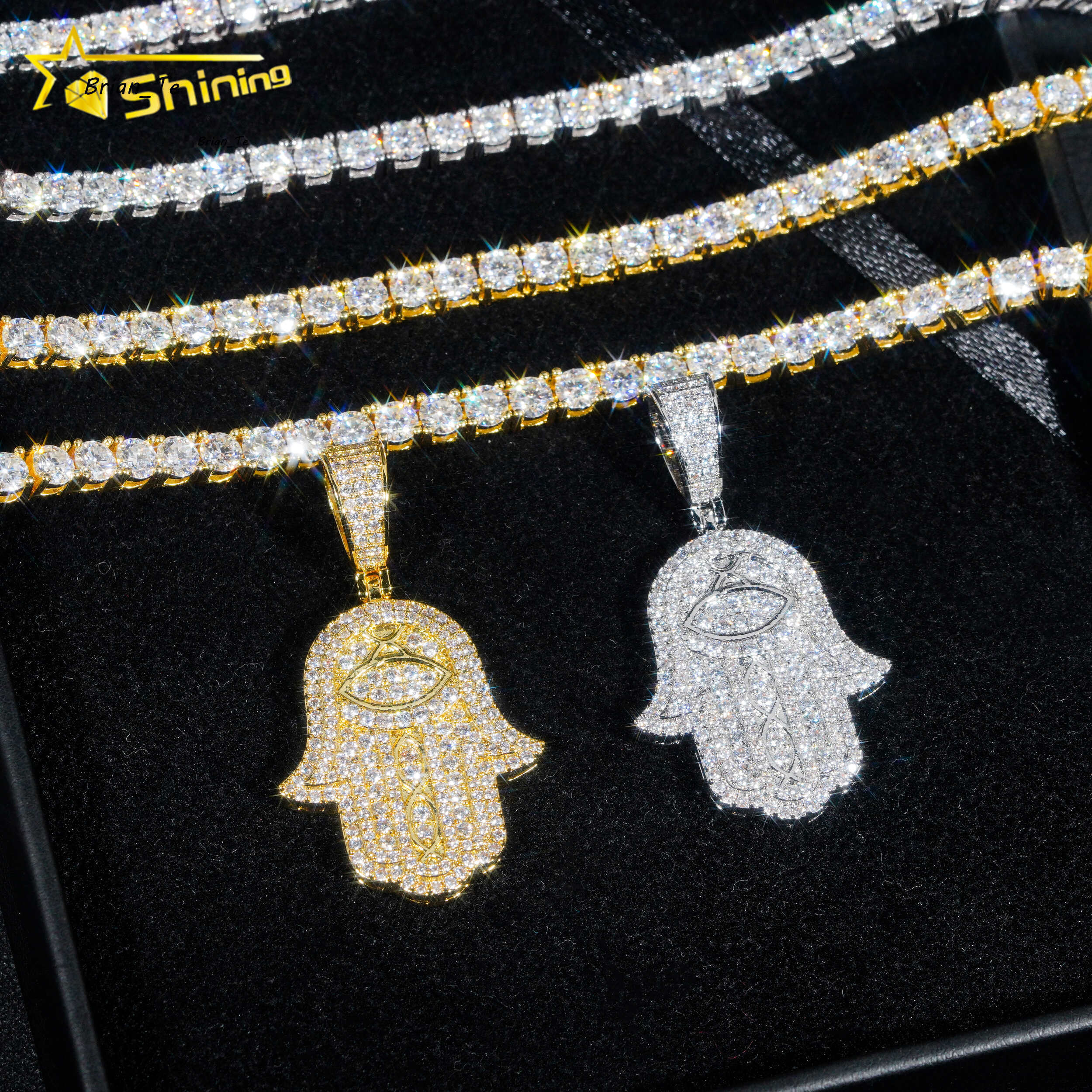 New Arrival Hip Hop Jewelry 18k Gold Plated Brass Pendants 5a Cz Diamond Hamsa Hand Charm Pendants with Tennis Chains