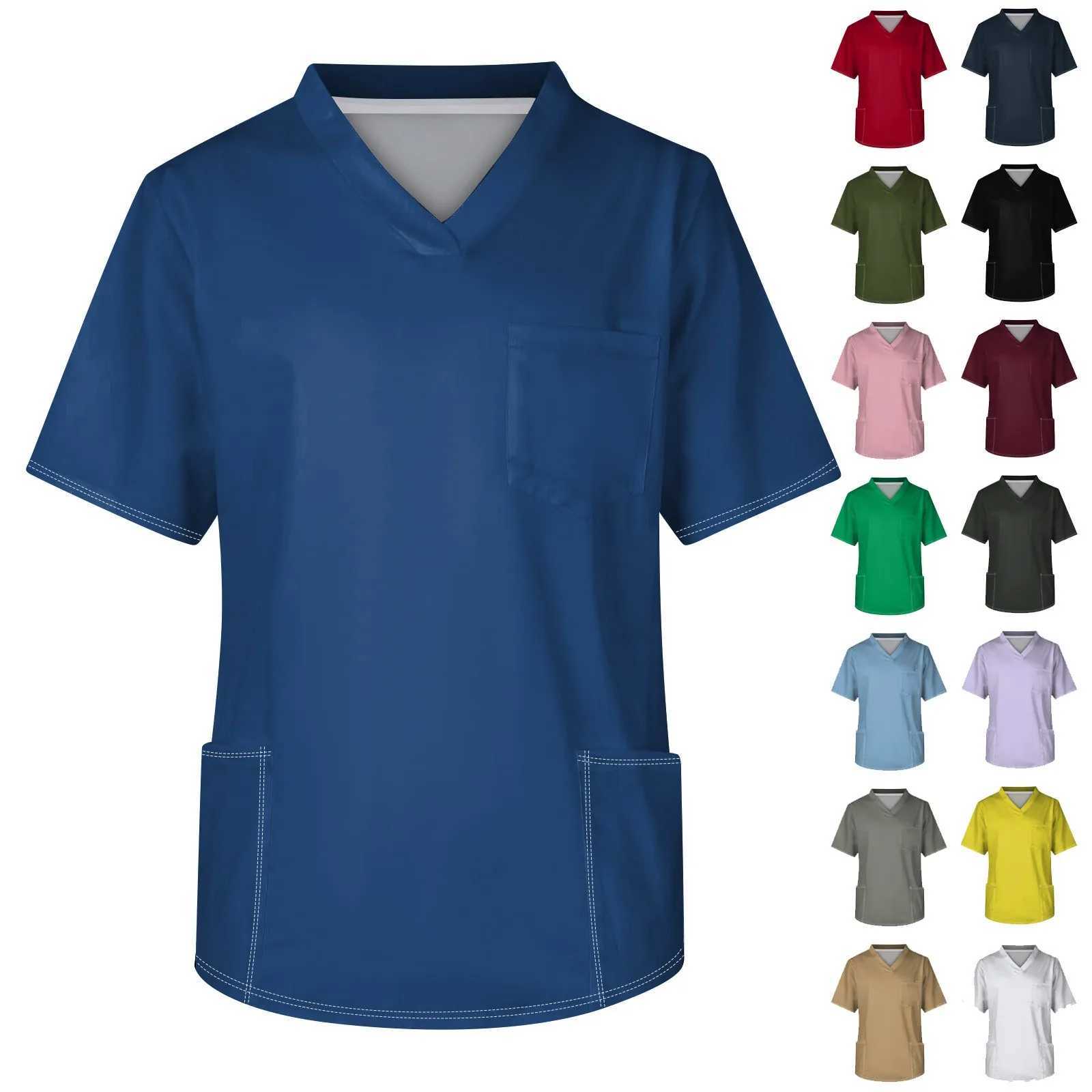 Summer Scrub Top Nursing Uniform Solid Color Short-Sleeve V-Neck Nursing Work T-Shirt With Pocket Hospital Pharmacy Work Suit W251104