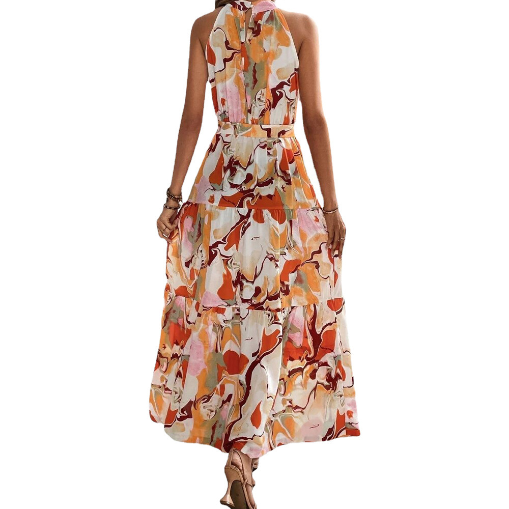 2025 Summer Womens New Bohemian Printed Sleeveless Large Swing Ruffle Edge Dress