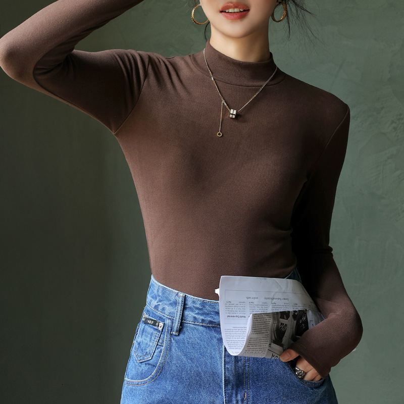 Half high collar German velvet bottoming shirt for womens inner wear in autumn and winter plush and brushed long sleeved collar solid color slim fitti