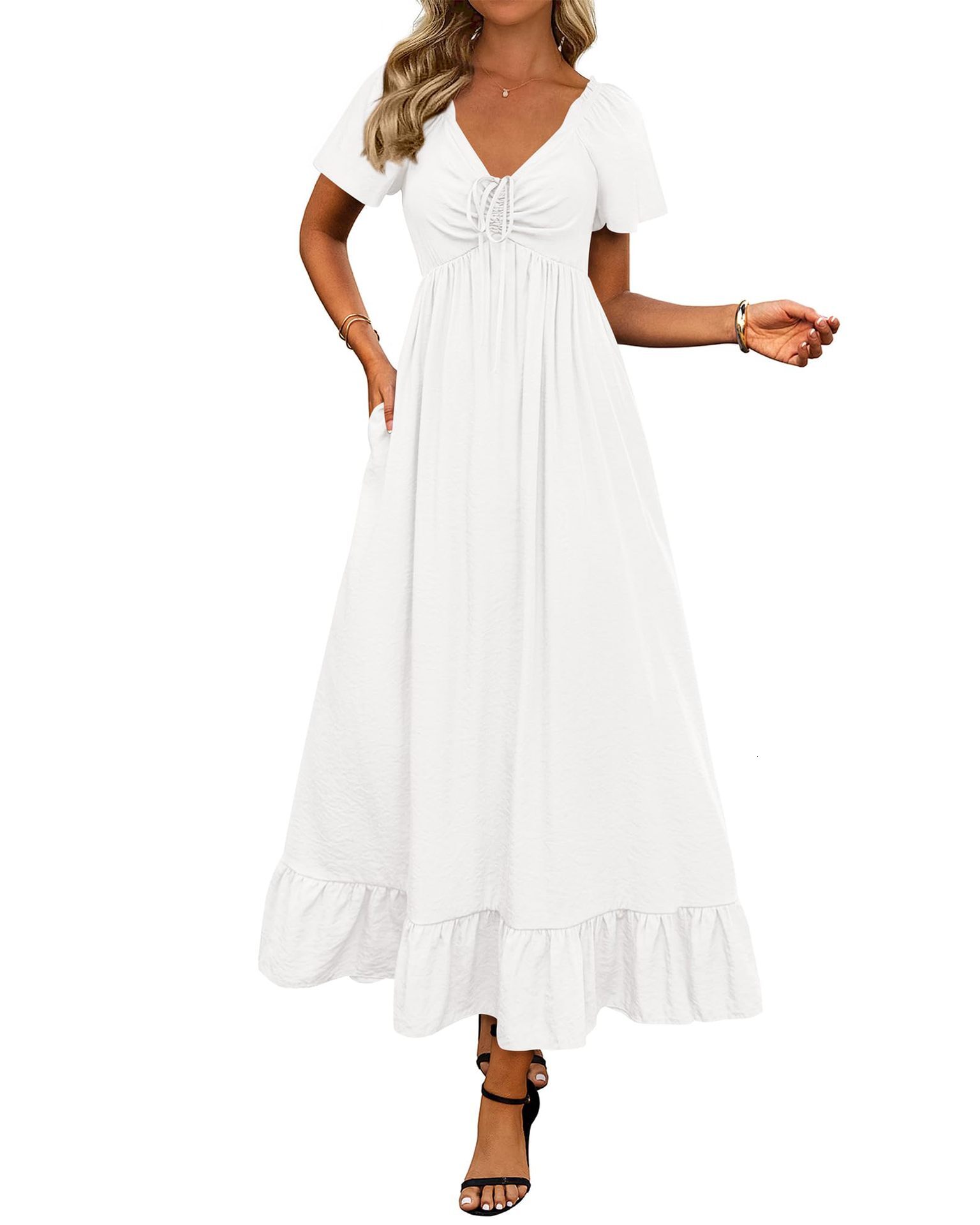 2025 New Fashionable Casual and Elegant V-neck Lace up Large Swing Dress for Womens Summer Style