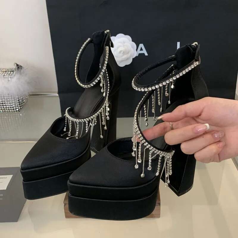 Rhies Tassels Satin Women Pumps Elegant Pointed Toe Platform Wedges Super High Heels Runway Style Party Prom Shoes