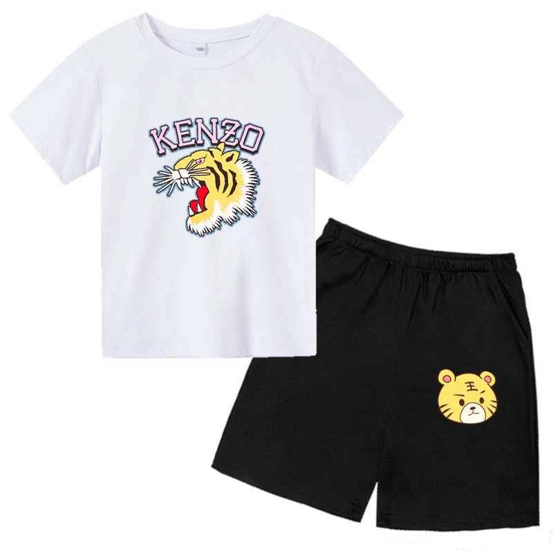 Summer T-shirt Childrens Set 3-14 Year Old Boys and Girls Casual Short sleeved T-shirt+Shorts Printed Tiger Clothing J250403