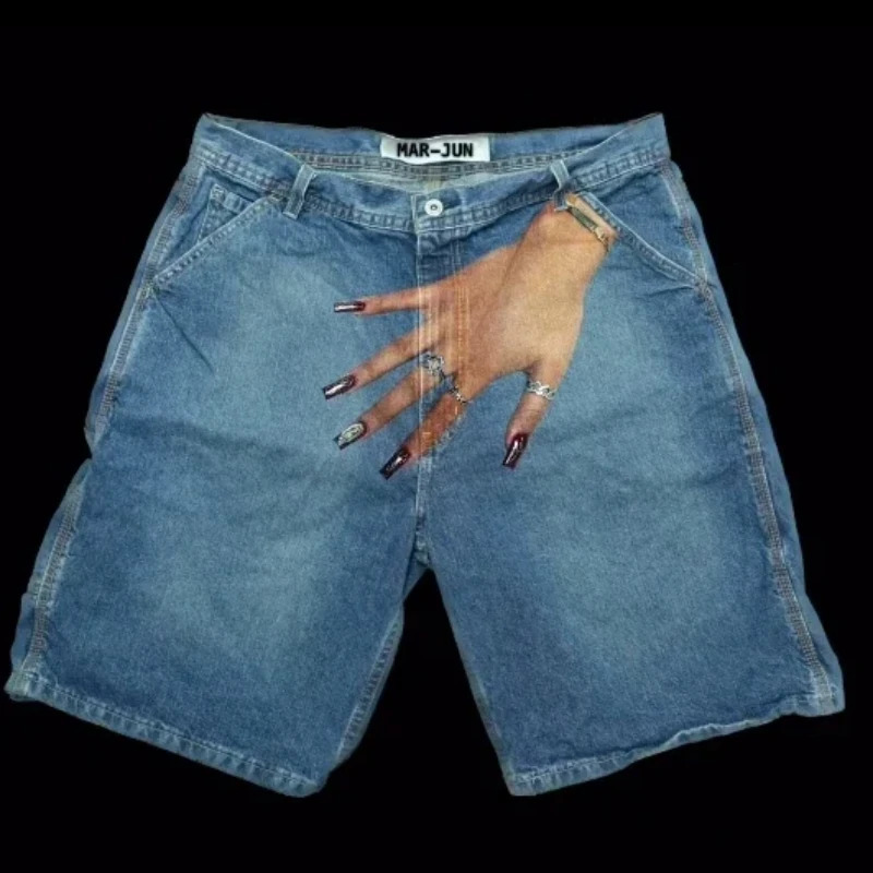 Retro hip-hop blue pocket handprint mens denim shorts Y2K Gothic Harajuku sports pants shorts pants 250402