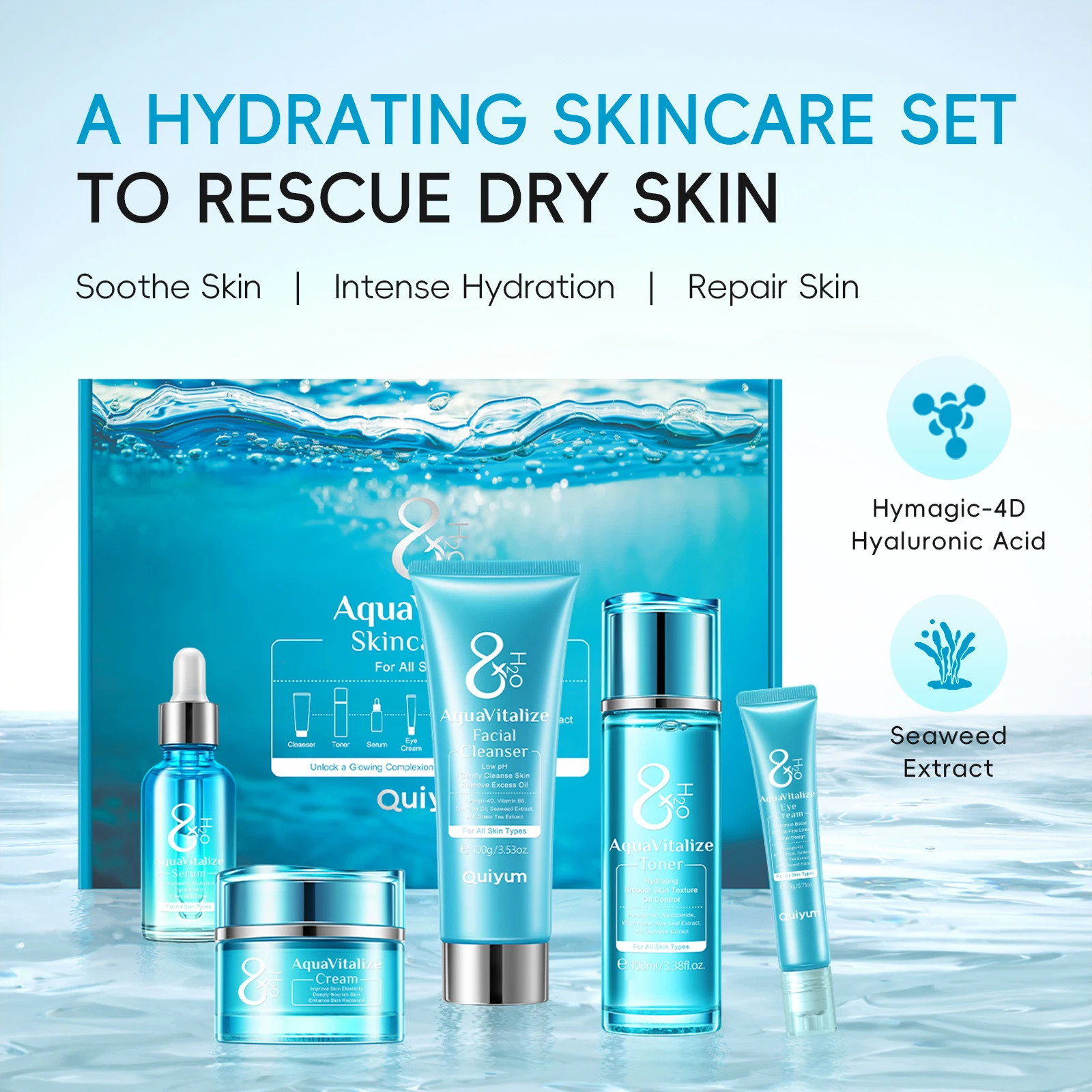 QUIYUM 8X HO AquaVitalize Skincare Set 5PCS Deep Hydration Kit Smoothing Treatment Gift Set 251030