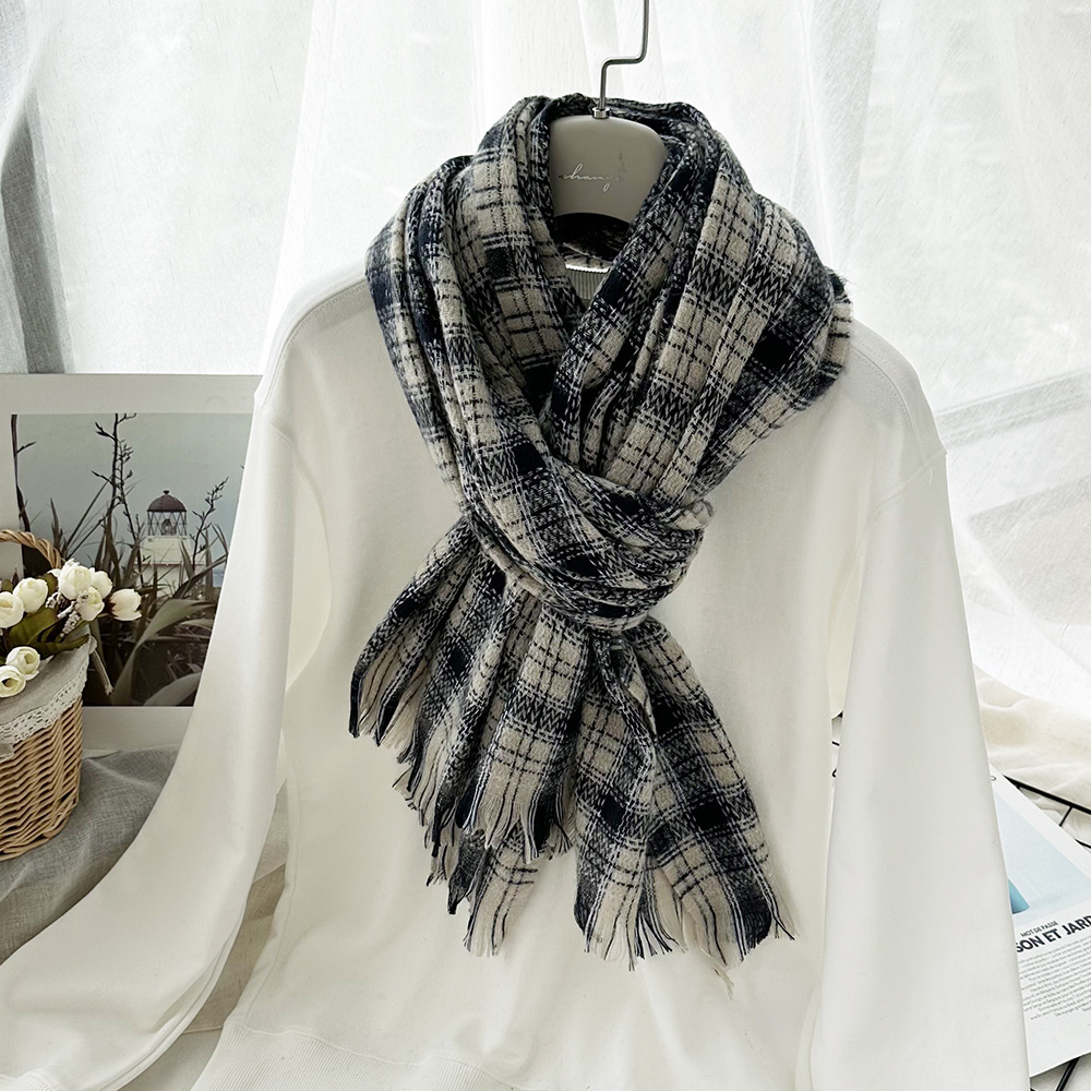 K305 Cross-border plaid imitation cashmere winter scarf custom-made 2024 fashionable warm short beard office shawl female agency