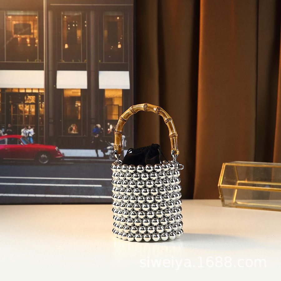 Fashionable Mini Drawstring Bucket Women's New Pearl Chain Hand-Held Bamboo Single Shoulder Crossbody Bag, Trendy