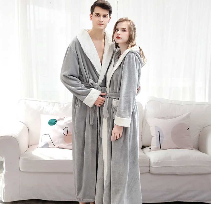 Men Extra Long Warm Flannel Bathrobe 40-100 Kg Men Winter Coral Fleece Bath Robe Night Sleepwear Women Dressing Gown Cozy Robes C251104