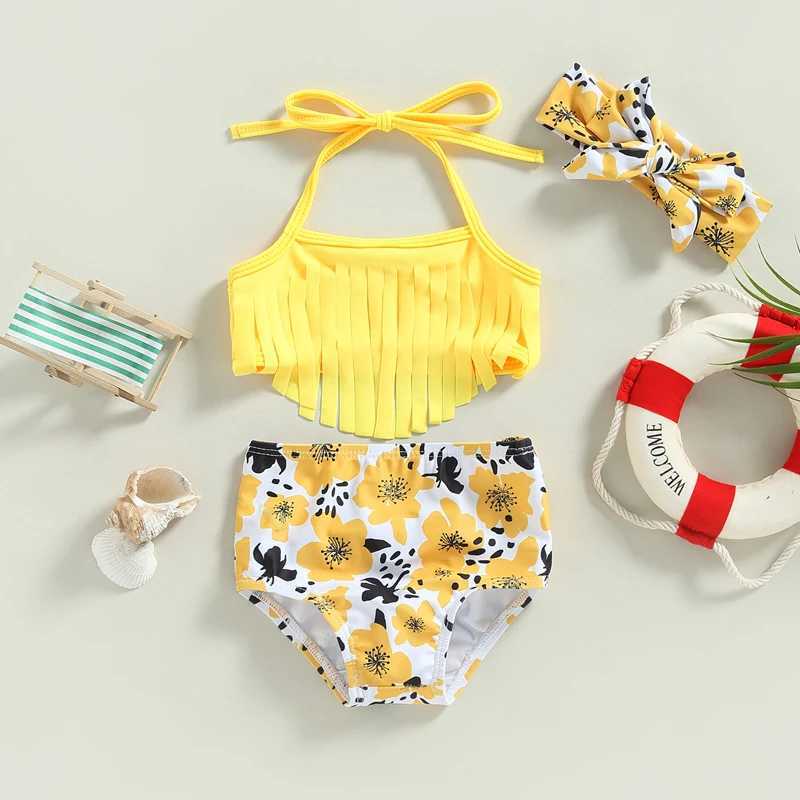 0-3Y Summer Baby Girls 3-Piece Strap Bikini Set Strawberry Printed Tassel Swimsuit Childrens Beach Wear J250403