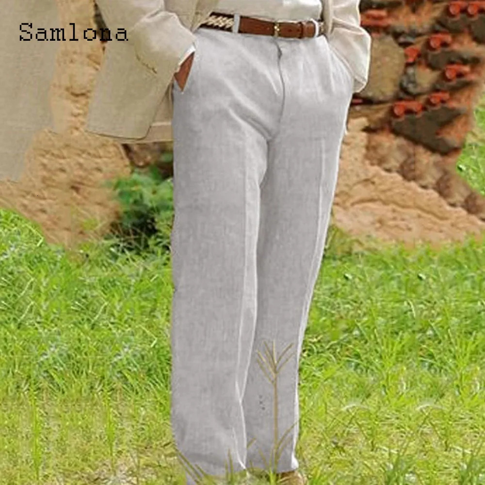 Samlona Mens Casual Linen Pants Solid Elastic Waist Loose Straight Trouser Plus Size 3xl Mens Fashion Leisure Beach Pants 250402