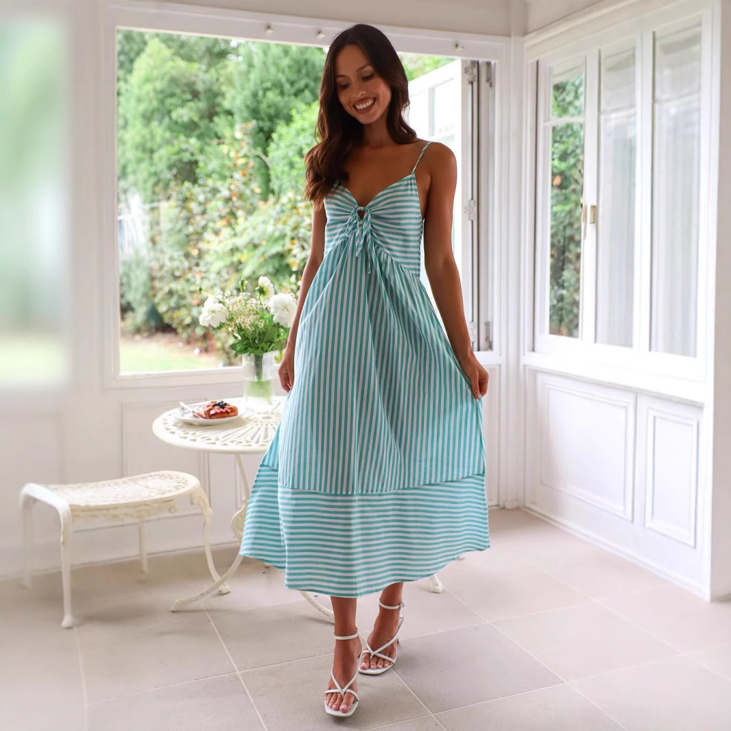 2025TK new striped sleeveless V-neck sexy half bag chest strap patchwork suspender dress