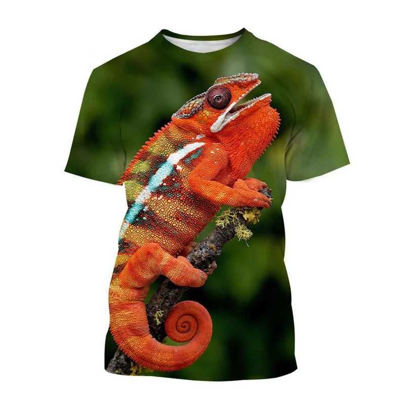 Animal chameleon 3D printed T-shirt mens reptile iguana round neck short sleeved lizard pattern T-shirt fashionable casual top T-shirt W250403