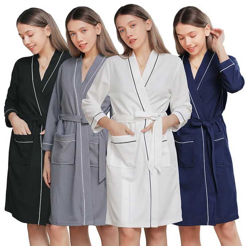 Autumn Long Sleeve Solid Waffle Kimono Unisex Lovers Soft Bath Robe Casual Home Nightrobe Sleepwear Solid Hotel Robe Bathrobe C251104