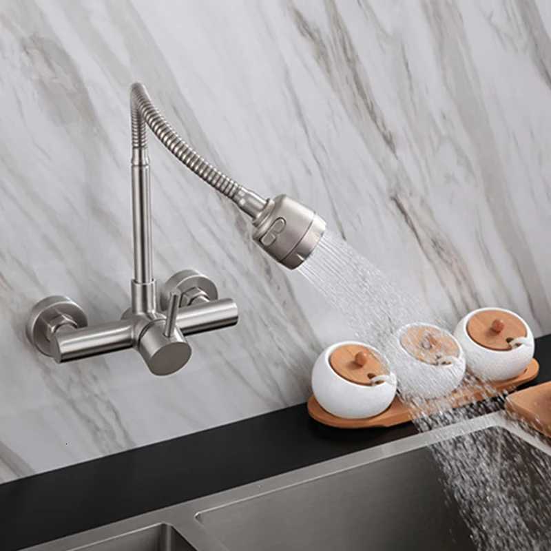 Universal Wall Mounted Stainless Steel Kitchen Faucet Cold and Hot Tap 360 Degree Swivel ible Hose Single Handle Faucet Y251104