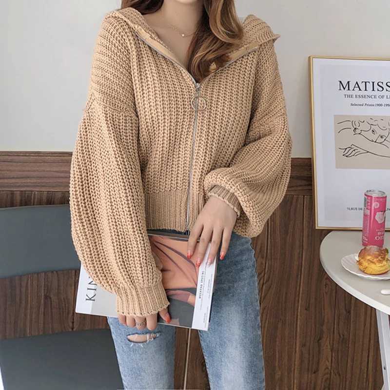 Casual Hooded Solid Color Lantern Sleeve Cardigan Sweater Fashion Zipper Loose Knitted Jacket Autumn New Womens Knitwear J251103