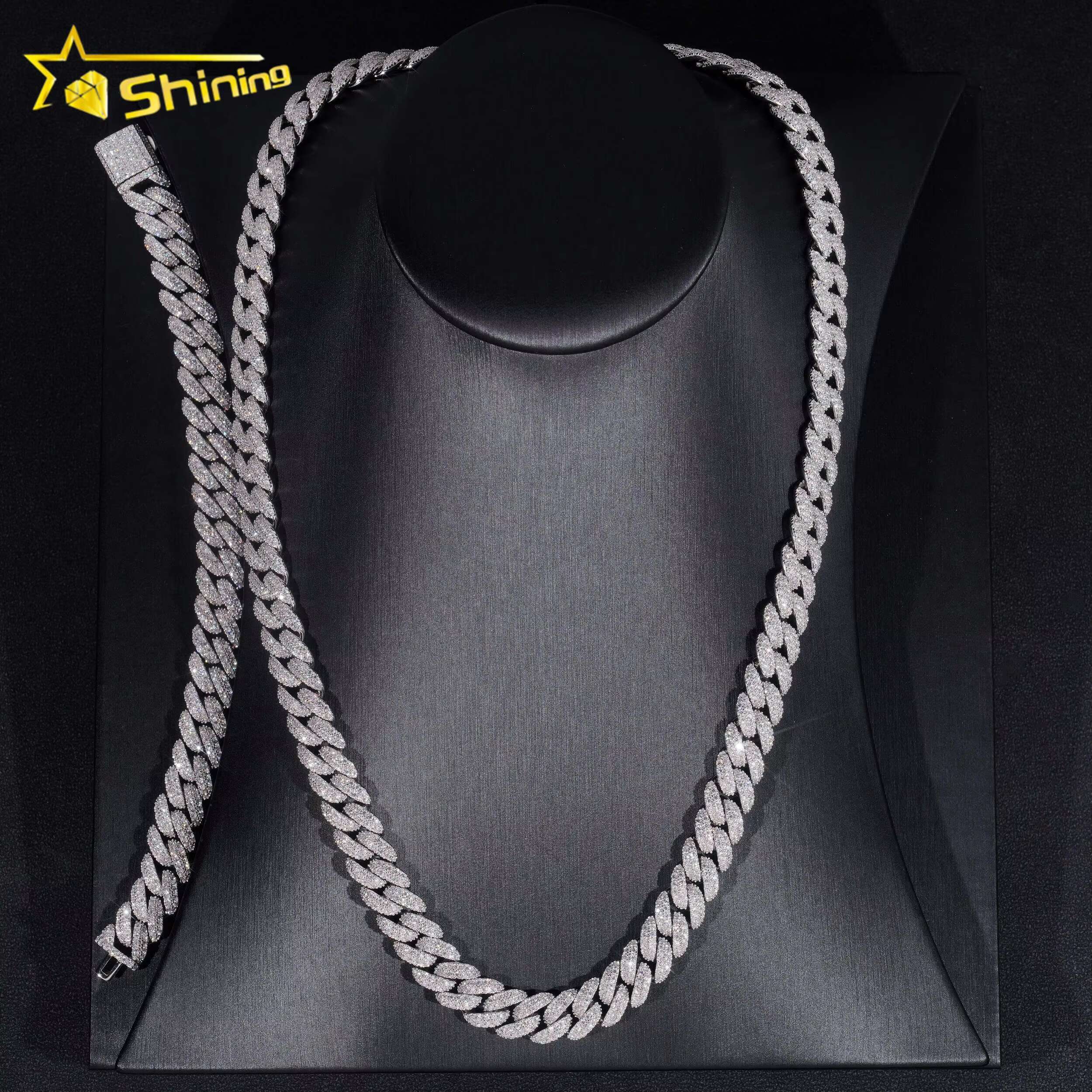 Factory Price High Quality VVS Diamond Two Row Moon Shape 925 Silver 10MM Moissanite Cuban Link Chain
