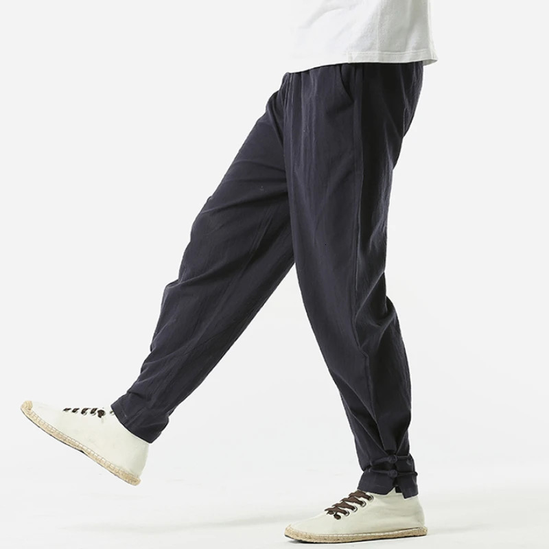 Fashionable Cotton Linen Pants Men Spring Summer Long Monk Binding Legs Zen Meditation Pants Streetwear Sweatpants 250402