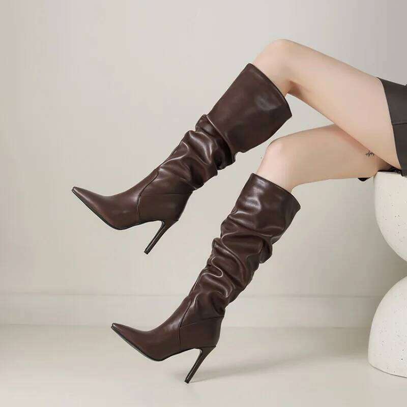 New Black Brown Pleated Lazy Long European American Style 10cm High-heeled Pointed Autumn Winter Women Knee High Boots 43