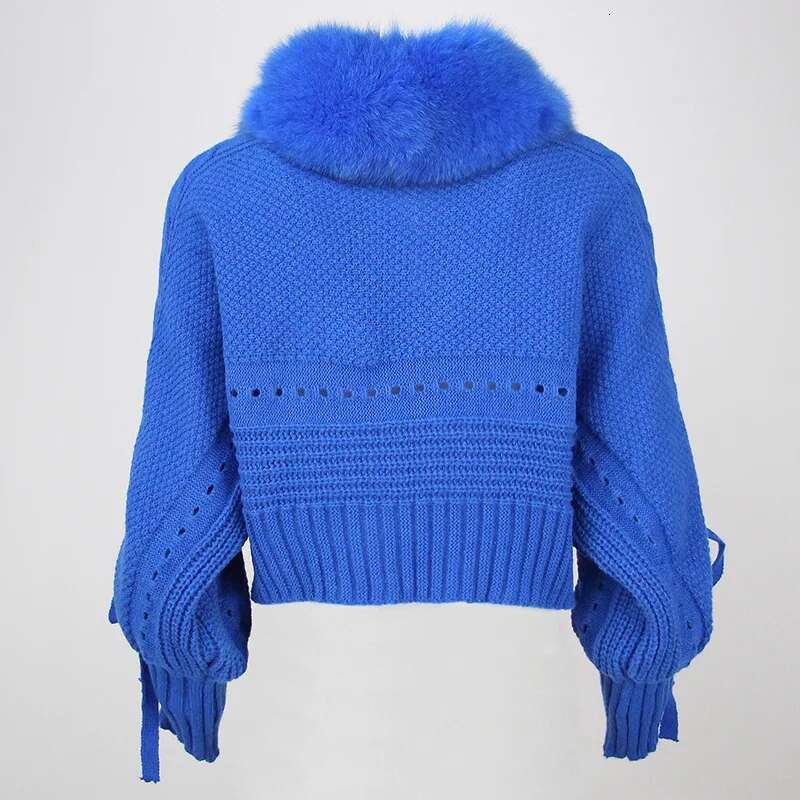 2023 Winter Women Casual Real Fox Collar New Fashion Short Warm Loose Knitted Jacket With Natural Fur Placket Coat