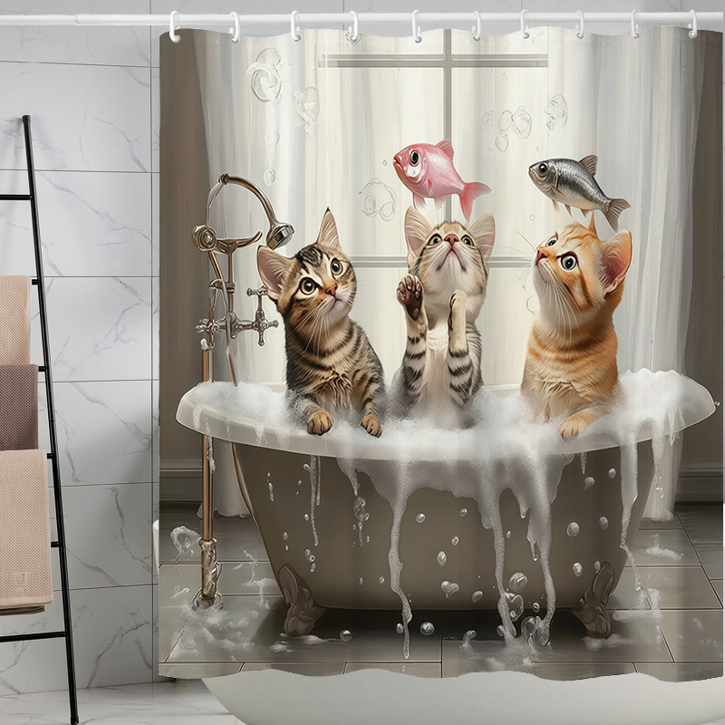 YL-37625 Popular 3D Digital Shower Curtain with Kitty Shower Design, Bathroom Dry and Wet Separation, Polyester with Hooks