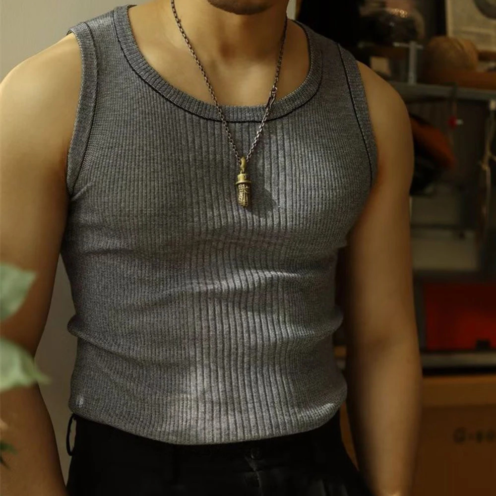 Mens streetwear casual solid color knitted vest sports vest gym bottom shirt autumn hardcover ribbed vest sleeveless tee 250402